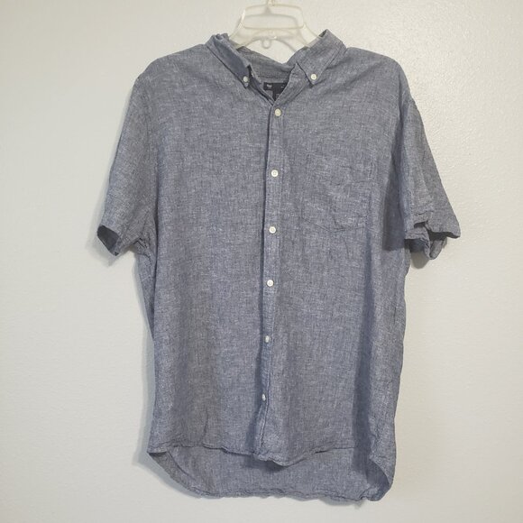 Gap Mens Linen Blend Button Up Shirt XL Slim Fit Blue Short Sleeve Chambray - Picture 5 of 12